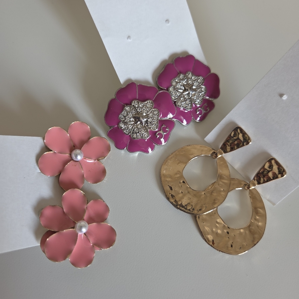 Lot of 3 Earrings- Pink Flowers and Gold Colour Pendant Earrings